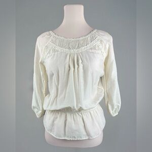 Forever 21 Cream Crochet Yoke Peasant Blouse Sz Small